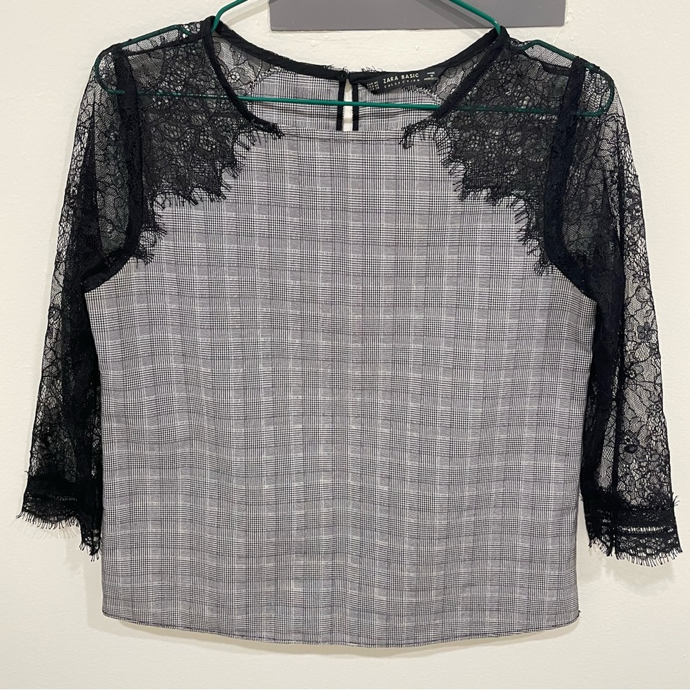 Zara Black and Gray 3/4 Sleeve Blouse with Lace
